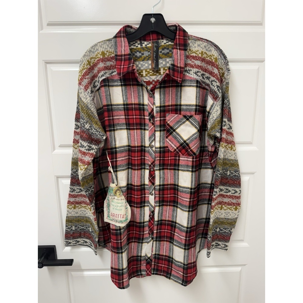 XL Aratta Silent Journey Top Shirt Plaid Button Front Sweater Like Sleeve A3 NWT